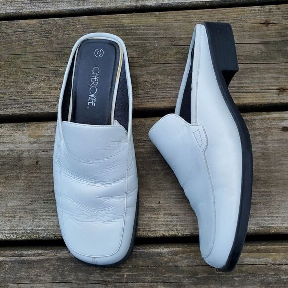 Vintage 90s y2k Cherokee White Leather Chunky Heel Square Toe Slip On Mules 7.5 - Picture 1 of 9